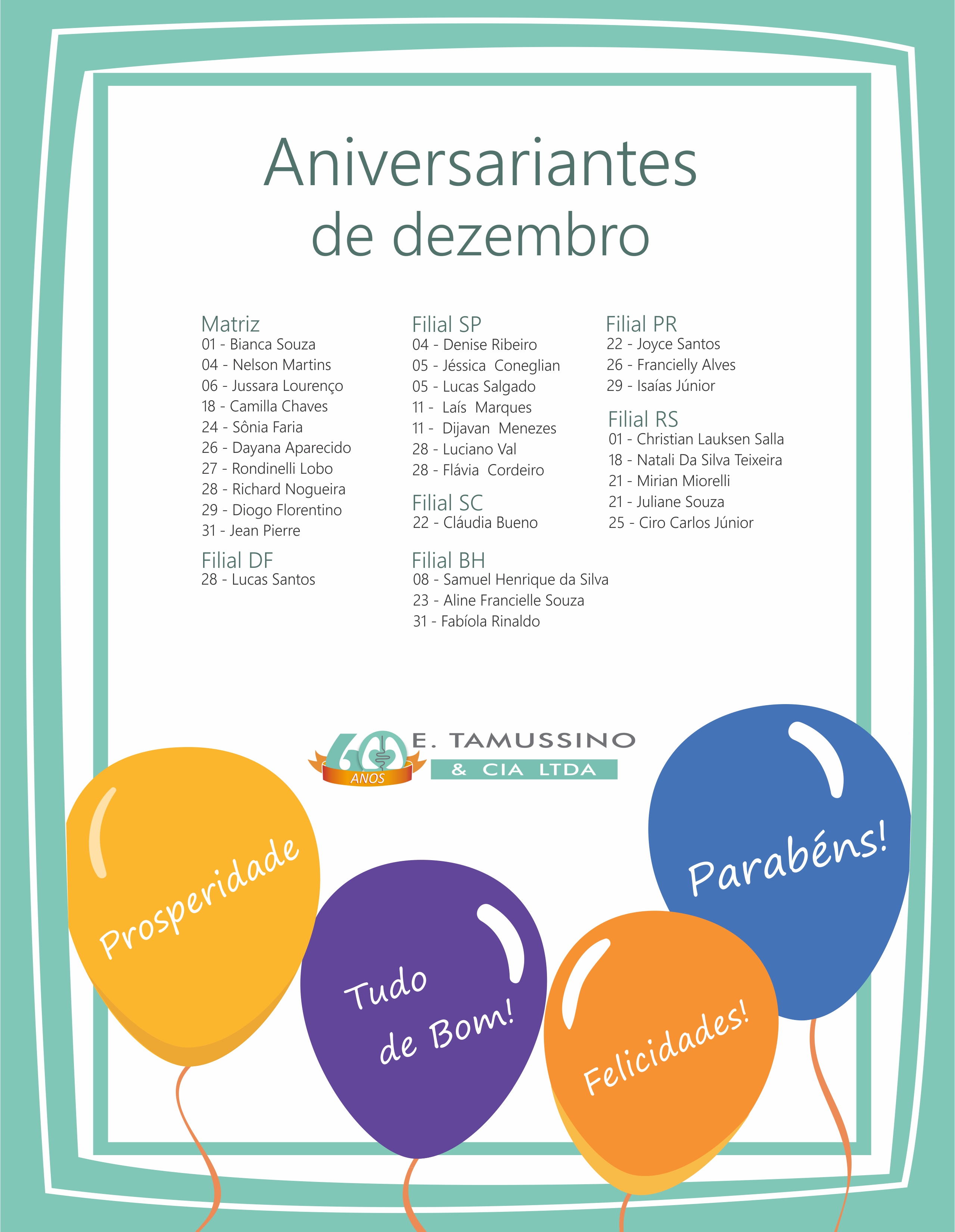 Aniversariantes do mês de dezembro